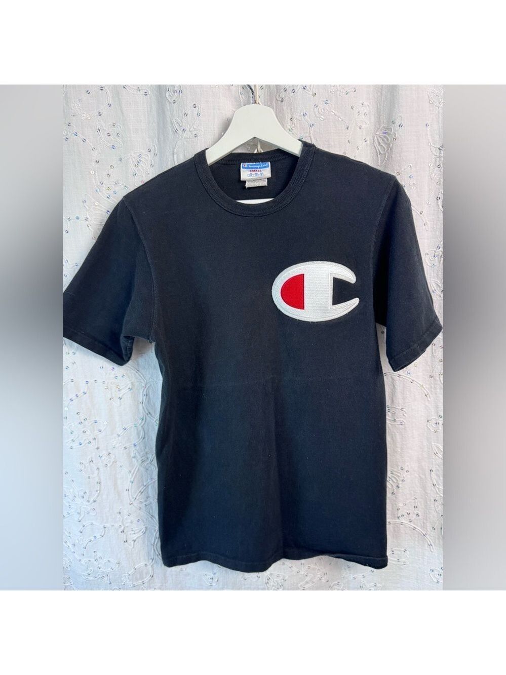 Champion C Logo Tee – Embroidered Chest & Sleeve – Size Small